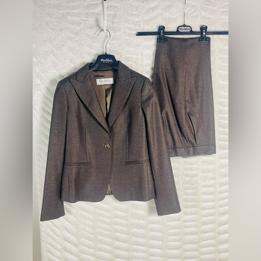 Max Mara Virgin Wool Silk Brown Peaked Collar Blazer Jacket Pant Suit Set Sz 2
